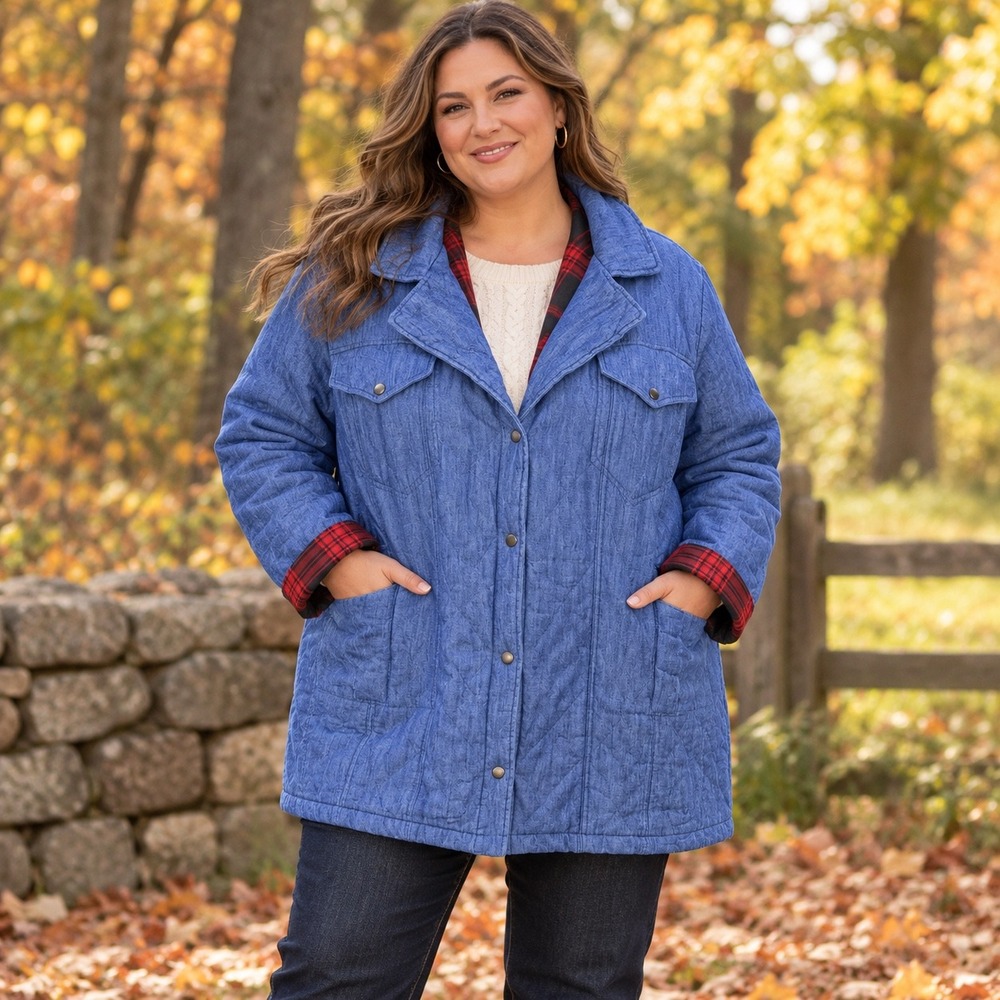 Lane Bryant Womens Blue Quilted Denim Barn Jacket Plaid Lined Size 18 1130749